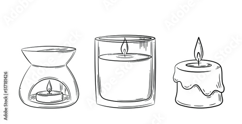 A set of oil lamps and wax candles with a wick in a glass candlestick. Sketch in doodle style. Air freshener and candles drawn in sketch style. Isolated vector illustration.