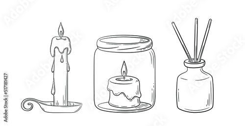 A set of diffuser and wax candles with a wick in a glass holder with a wooden lid. Sketch in doodle style. Air freshener and candles in a jar drawn in a sketch style. Isolated vector illustration.