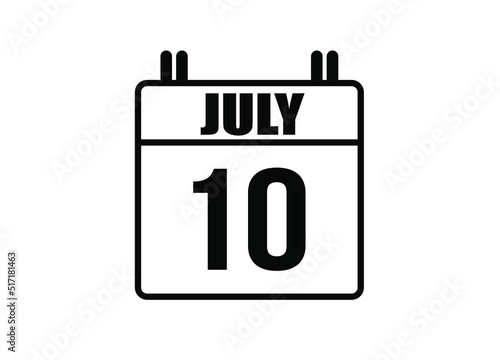 10 july calendar. Simple calendar page for the month of July. Black vector on white background.