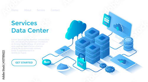 Data Center Cloud Services Information processing, hosting, provider, storage, networking, management and distribution of data. Landing page template for web on white background.