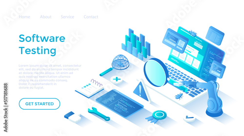 Software Testing. Process evaluation software application or website. Computer code analysis. Identification and removal of defects. Landing page template for web on white background.