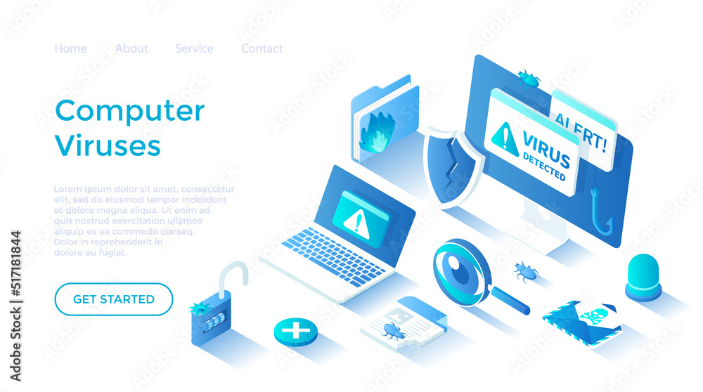 Computer Viruses. Errors detected, alert messages, bugs, open lock, infected files, broken shield. Monitor and laptop with alert messages. Landing page template for web on white background. Computer Viruses. Errors detected, alert messages, bugs, open lock, infected files, broken shield. Monitor and laptop with alert messages. Landing page template for web on white background.