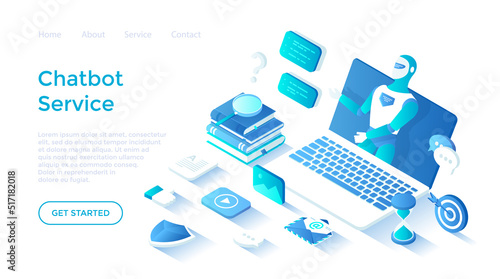 Chatbot robot virtual communicate via laptop. Сhat bot application gives answers to questions. Online technology support. Landing page template for web on white background.
