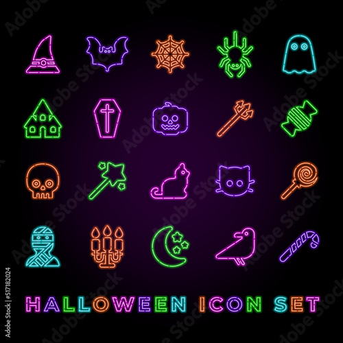 イラスト素材:ハロウィンネオンアイコンセット	