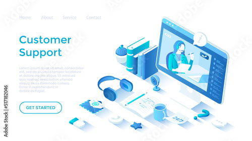 Customer service, support, technical assistant or call center. Hotline helpdesk. Professional online consultant operator help clients. Landing page template for web on white background.