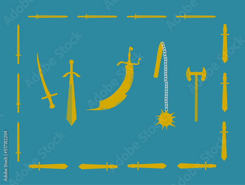 Set of ancient and medieval weapons: sabre, sword, flail and labrys axe