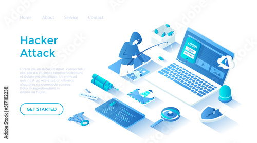 Hacker Attack. Hacker steal credit card. Thief fishing personal information on laptop. Virus, spam and security. Hacking concept. Landing page template for web on white background. © vectorhot