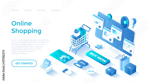 Online shopping, internet retail. Buying payment online. Application service website banking. Online store cart, credit card, megaphone. Landing page template for web on white background.
