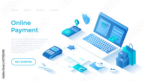 Online Payment. Paying bill, invoice, shopping online, e-commerce market. Сredit card transaction, money transfer with laptop. Landing page template for web on white background.