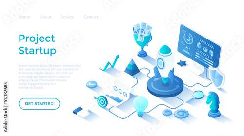 Project Startup. Preparing to launch a new successful project. Idea, analysis, planning, strategy and success. Landing page template for web on white background.