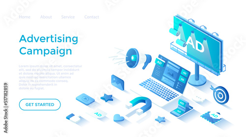 Effective advertising campaign. Promotion of goods and services using Outdoor Advertising, Internet ads, Direct marketing. Landing page template for web on white background.