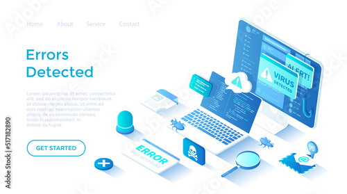 Errors detected. Computer viruses, hacker attack, 404 error page not found. Alert messages, bugs, infected files, spam. Landing page template for web on white background.