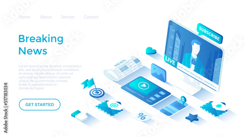 Online news and media news sources, Breaking news, Newsletter subscription, update. Website with broadcaster on the monitor. Landing page template for web on white background.
