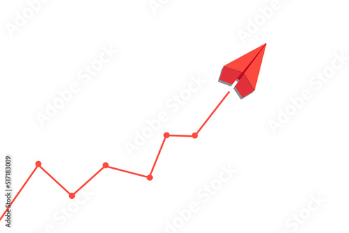 Red paper plane isolated on white background, concept of volatility in business and investment, graph with arrow up