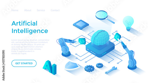Artificial Intelligence AI, Digital brain, Artificial thinking process. Future technology, Machine learning, Smart brain computer, Neural networks. Landing page template for web on white background.