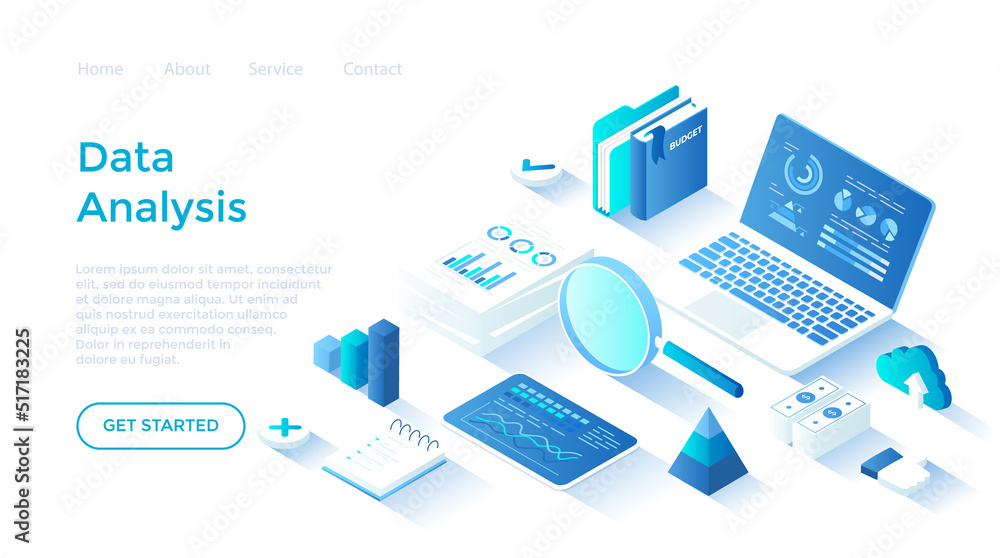 Auditing, business analysis concept. Analytics data. Financial strategy, graphs and charts in economic documents. Landing page template for web on white background.