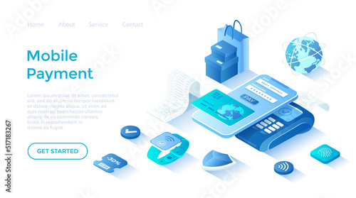 Mobile contactless payment. PayPass, NFC payments. Scanning QR code. POS terminal, phone and smart watch. Landing page template for web on white background.