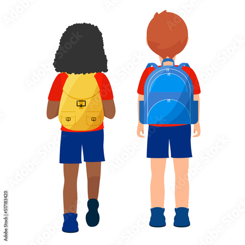Boy and girl of mix race pupils with backpacks walking. isolated on white background. Back view