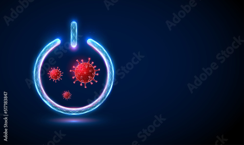 Abstract red virus flying in blue power button