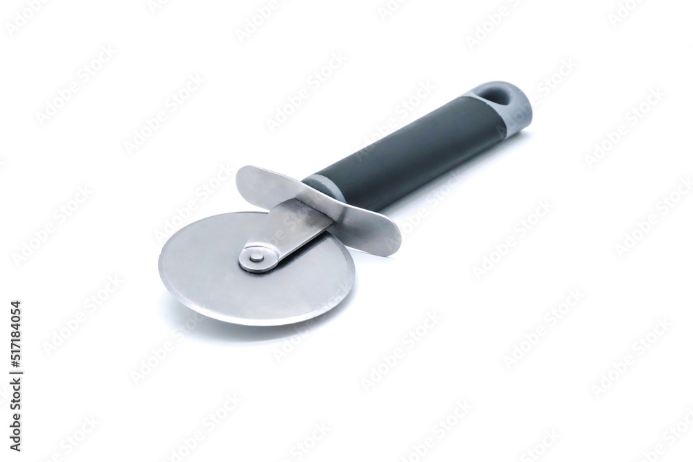 metal pizza cutter with black handle on white background metal pizza cutter with black handle on white background