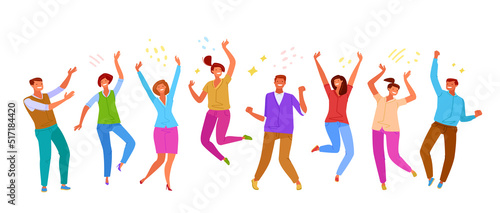 Happy people rejoice with raised hands. Smiling positive men and women at a party. Happiness, fun or joy concept. Flat cartoon colorful vector illustration