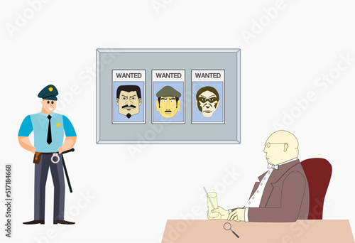 Detective shawing police officer portraits of wanted criminals