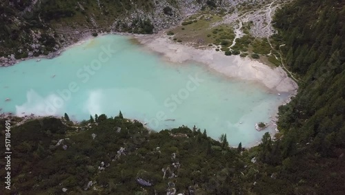 Lago di Sorapis in Italy seen from drone photo