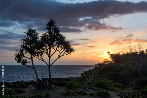 Beautiful  tropical sunset at La Reunion  sun over the sea with orange sky