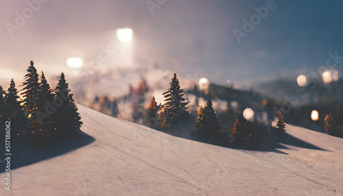 Winter landscape and ski resort, snowy fir trees. Rest in the mountains in winter. Mountain slopes in the snow. Winter season. 3D illustration. © MiaStendal