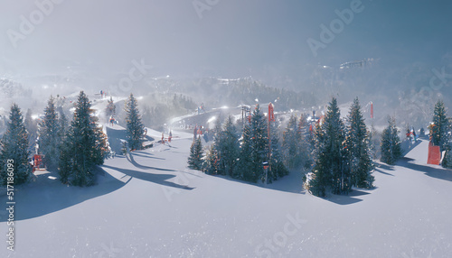 Winter landscape and ski resort, snowy fir trees. Rest in the mountains in winter. Mountain slopes in the snow. Winter season. 3D illustration.
