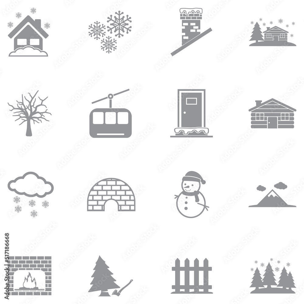 Winter Town Icons. Gray Flat Design. Vector Illustration.