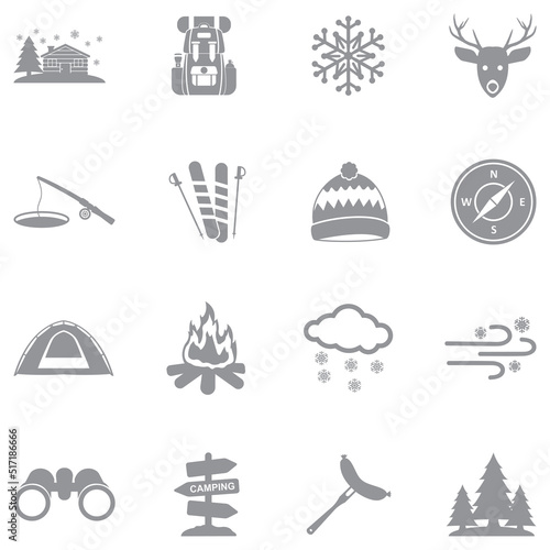 Winter Camp Icons. Gray Flat Design. Vector Illustration.