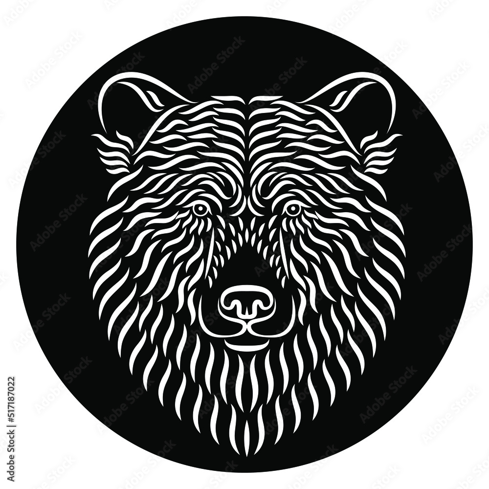 Fototapeta premium Bear head vector drawing. The head of a bear drawn with white strokes on a black background. Can be used for printing on t-shirts, posters, stickers. Calligraphic drawing. Tattoo design.