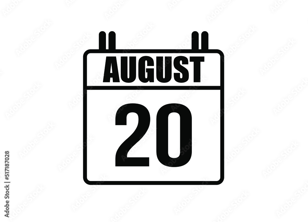 20 August calendar. Simple calendar page for the month of August. Black vector on white background. 20 August calendar. Simple calendar page for the month of August. Black vector on white background.