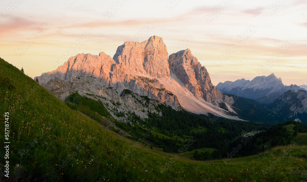 Stunning panoramic view of Monte Pelmo during a beautiful sunset. Monte Pelmo was the very first high mountain of the Dolomites that was climbed, Italy.