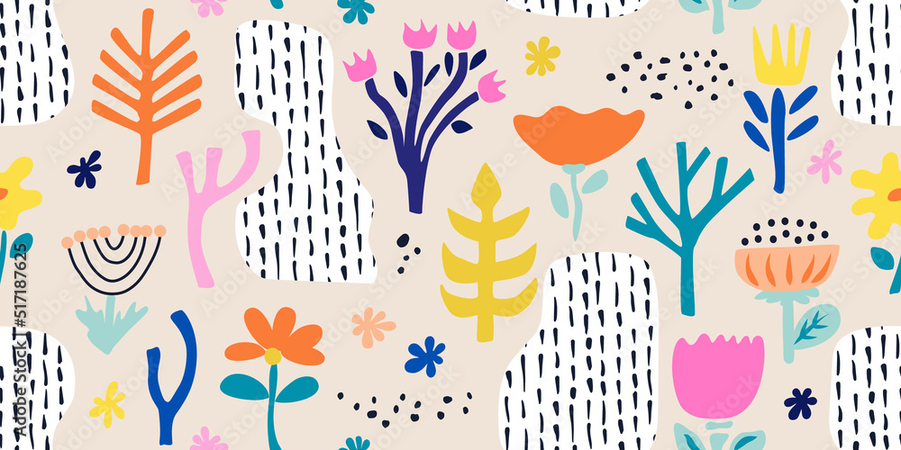 Abstract seamless background with flowers and hand-drawn details.Modern background for the design of textiles, covers, wallpapers, fabric, promotional material and more. Vector illustration