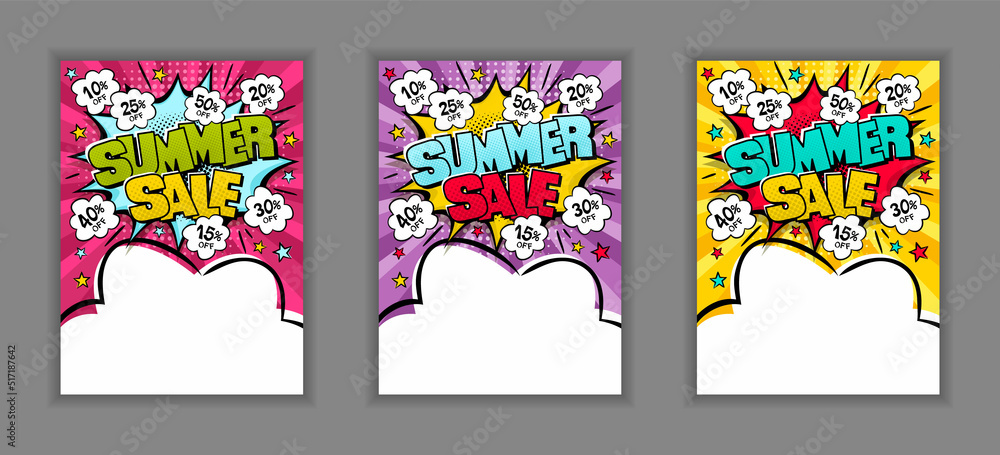 Set of Bright comic banners for summer sale or seasonal discounts. Cloud text frame on a ray background. Template for web design, flyers, banners, coupons, applications, posters. Vector illustration