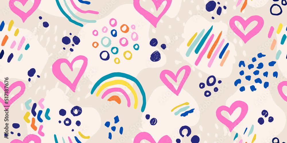 Abstract seamless background with hearts and hand drawn details.Modern background for the design of textiles, covers, wallpapers, fabric, promotional material and more. Vector illustration. Abstract seamless background with hearts and hand drawn details.Modern background for the design of textiles, covers, wallpapers, fabric, promotional material and more. Vector illustration.