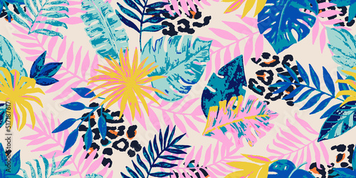 Seamless pattern with watercolor tropical leaves and hand drawn leopard spots. Floral background for the design of textiles, covers, wallpapers, fabric, promotional material and more. Vector
