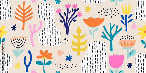 Abstract seamless background with flowers and hand-drawn details.Modern background for the design of textiles, covers, wallpapers, fabric, promotional material and more. Vector illustration