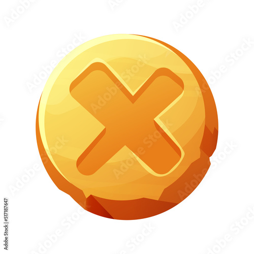 Golden close button game interface, menu element, cross shape in comic cartoon style isolated on white background.