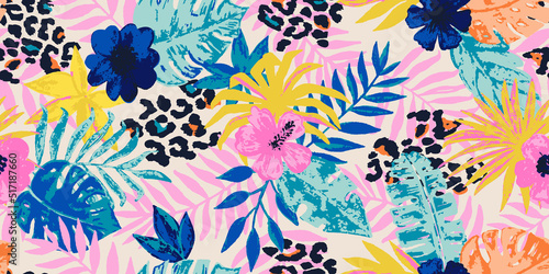 Seamless pattern with watercolor tropical leaves and hand drawn leopard spots. Floral background for the design of textiles, covers, wallpapers, fabric, promotional material and more. Vector