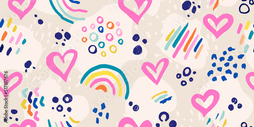Abstract seamless background with hearts and hand drawn details.Modern background for the design of textiles, covers, wallpapers, fabric, promotional material and more. Vector illustration.