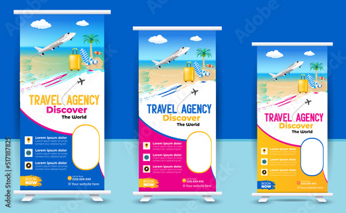 Travel Business agency Roll Up Template. Truism Standee Design Banner. Corporate digital Roll Up Banner.  Vector x Banner, Holiday x-stand Banner. Company Tours Vacation exhibition display template.