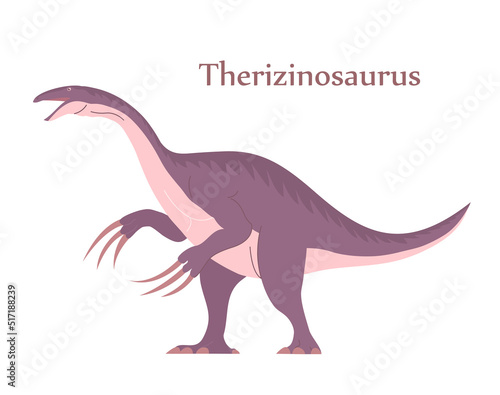 Ancient pangolin therizinosaurus. Long claws on paws. Herbivorous dinosaur of the Jurassic period. Prehistoric animal and paleontology. Vector cartoon illustration isolated on a white background
