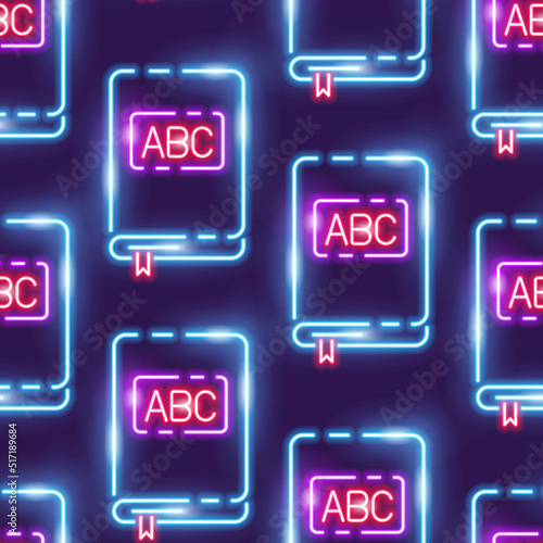 Book neon seamless pattern. Vector Background with school signs