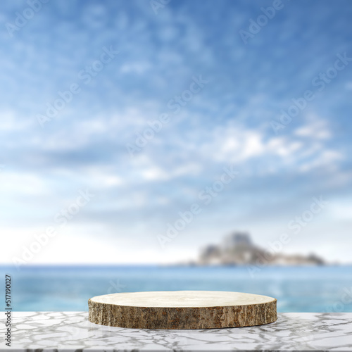 Desk of free space and sea landscape. 