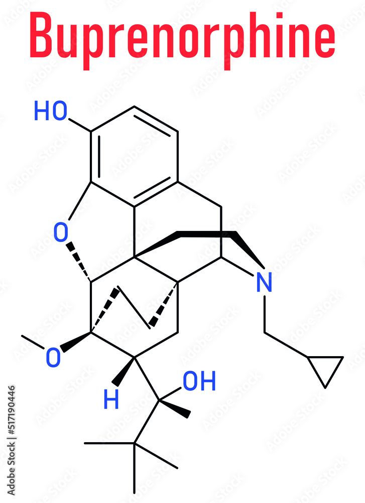Fototapeta premium Skeletal formula of Buprenorphine opioid addiction and pain killer drug molecule.