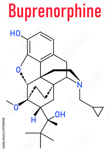 Skeletal formula of Buprenorphine opioid addiction and pain killer drug molecule.
