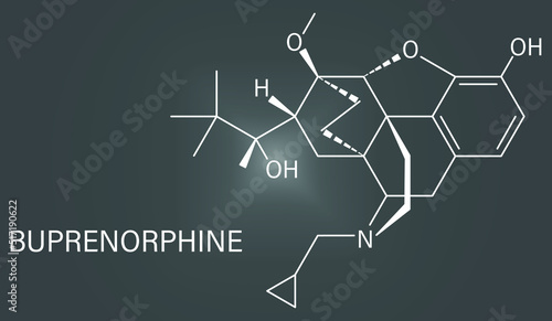 Skeletal formula of Buprenorphine opioid addiction and pain killer drug molecule.